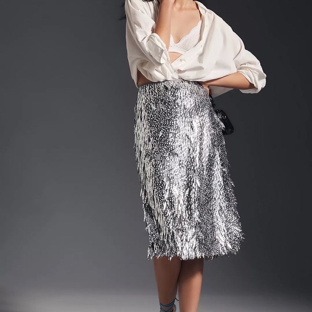 Anthropologie Sequin Fringe 3D Dimensional Silver Skirt US 4 NEW WOT
